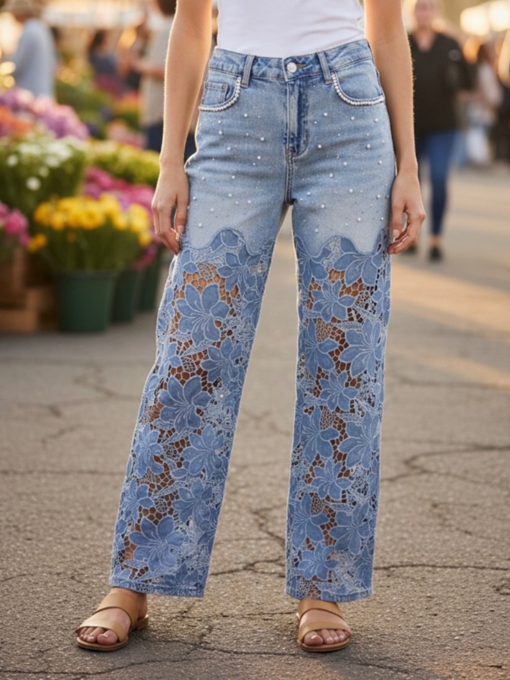 Light wash Faux Pearl Floral Lace Wide leg Denim Jeans